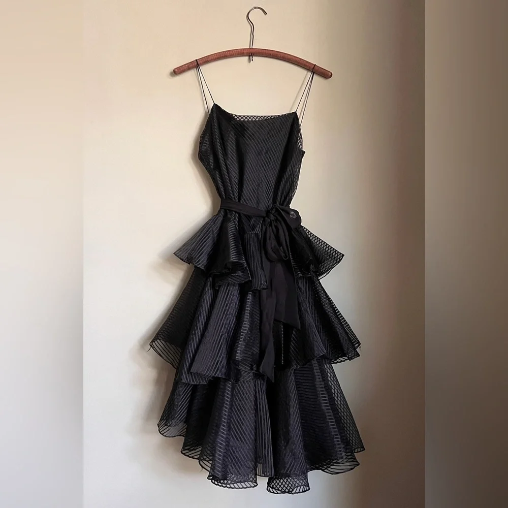 Wednesday Dress, Tiered Ruffled Formal Gown, Tea Length, Goth Prom Dress - Picture 8 of 14